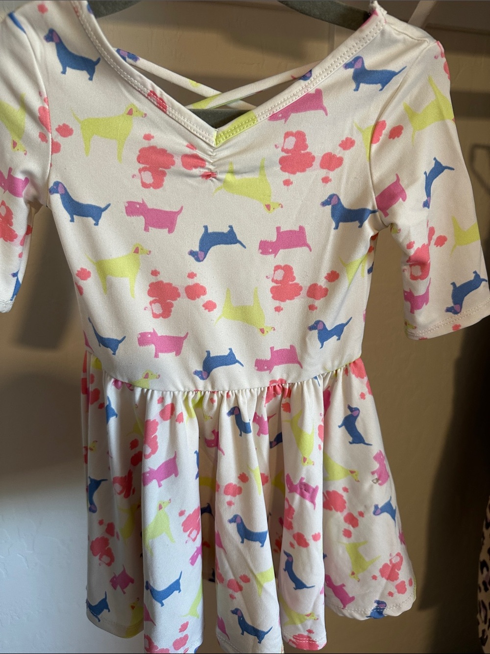 Dot Dot Smile White Dress with Pink, Blue & Yellow Dog Print
